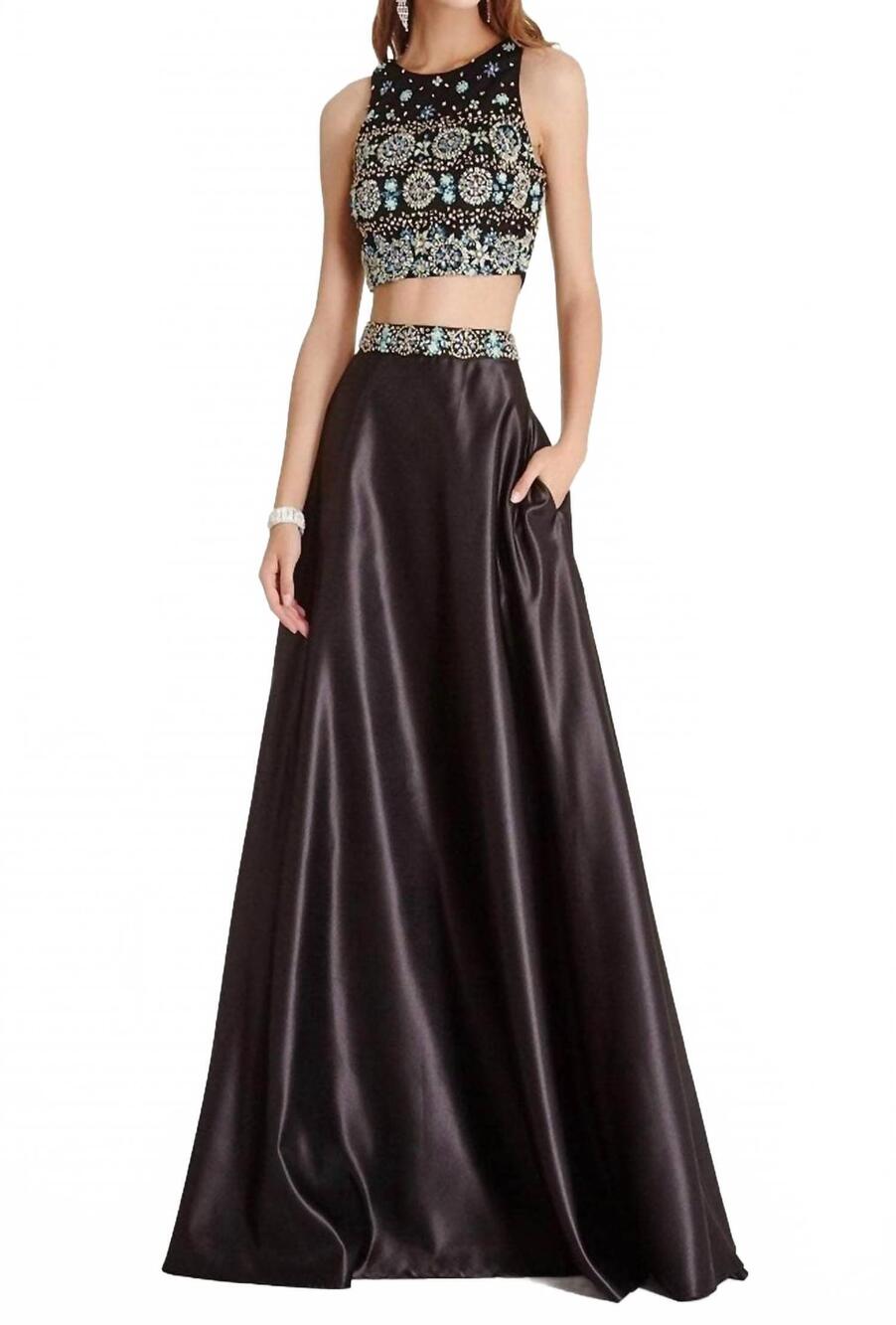 NEW ASPEED DESIGN embellished two piece prom dress in black-multi
